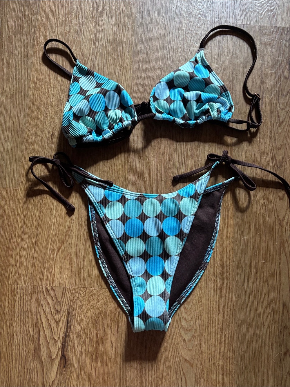 Hollister Blue and Brown Polka Dot Tie-Side Bikini